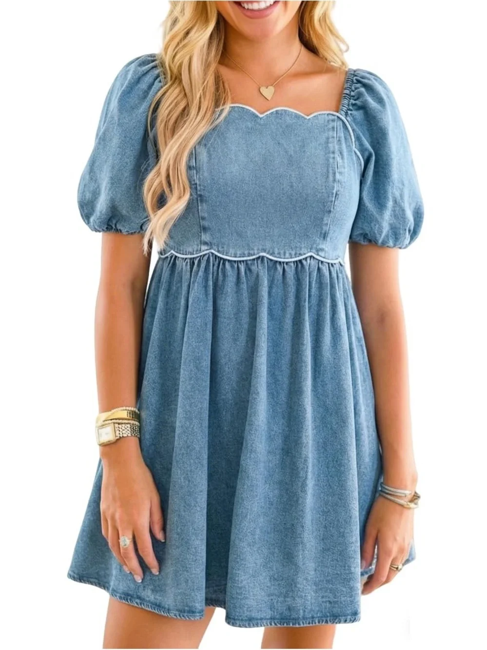 NWT Poliro Light Wash Denim Babydoll Dress Puff Sleeve Scallop Neck Large